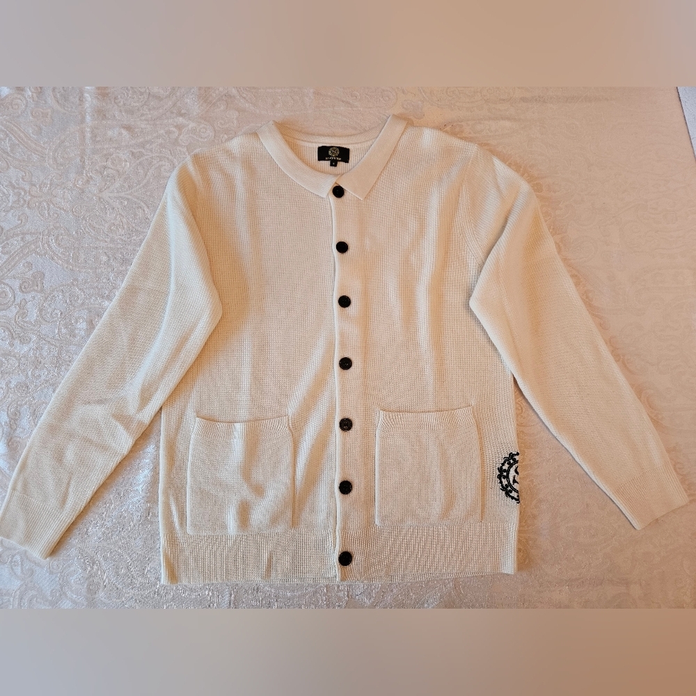 100% Nordic Wool Men's Cream Cardigan Sweater with Button Detail, Snover, S, New